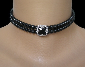 Black Pearl Choker, Preciosa Crystal Halo, Bridal Jewelry