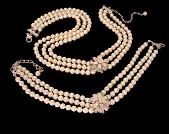 KATZI Vintage Pearl Choker Bracelet Set, Rhinestone Flower Clasp Demi Parure