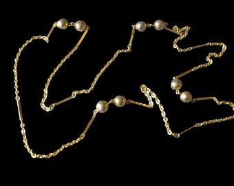 Vintage Gold Tone Chain Necklace, Beaded Flapper Style