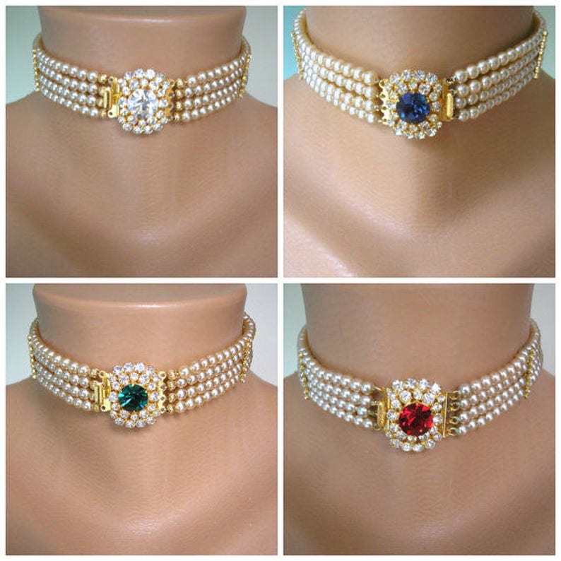 Vintage Pearl Choker With Rhinestone Clasp, Indian Bridal Choker, Pearl Choker, Bridal Jewelry, Gatsby, Sapphire, Emerald, Diamond, Art Deco image 1