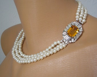 White Pearl And Citrine Rhinestone Choker, Lightweight Pearls, 3 Strand Pearls, Pearls With Side Clasp, Pearls With Ornate Clasp, Art Deco