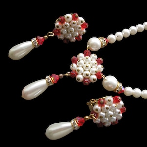 Red And White Faux Pearl Jewellery Set, Vintage Necklace And Earrings Set, 1950s CLIP ON Earrings, Vintage Costume Jewelry, Vintage Bridal