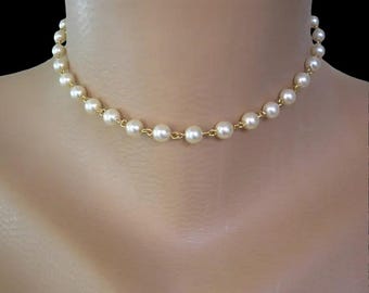 Gender Neutral Pearl Choker, Gold Links, Cream Glass Pearls, Vintage Clasp Necklace