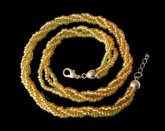 Vintage Citrine Seed Bead Necklace, Twisted 3 Strand Gold Choker