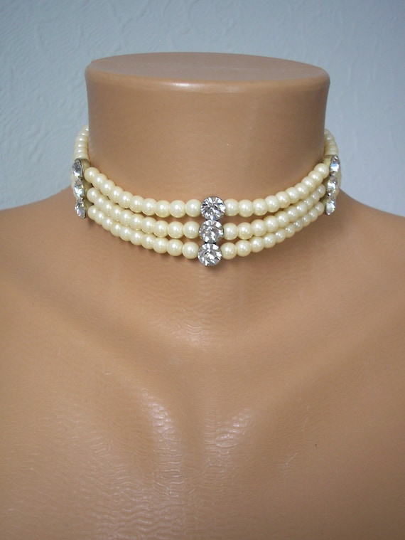 Vintage 3 Strand Pearls Faux Pearl and Diamond Choker 