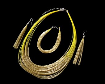 Vintage 1980s Gold Bugle Bead Jewelry Set, Yellow Gold Bugle Bead Parure, Vintage Beaded  Jewellery Set,  1980s Fashion Jewellery
