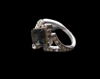 Vintage Silver Tone Rhinestone Ring, Black Diamond CZ, Size 9.5