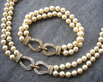 Vintage Pearl Jewelry Set, Necklace And Bracelet Set, Hand-Knotted Pearls, Cream Pearl Set, Pearl Demi-Parure, Vintage Costume Jewellery