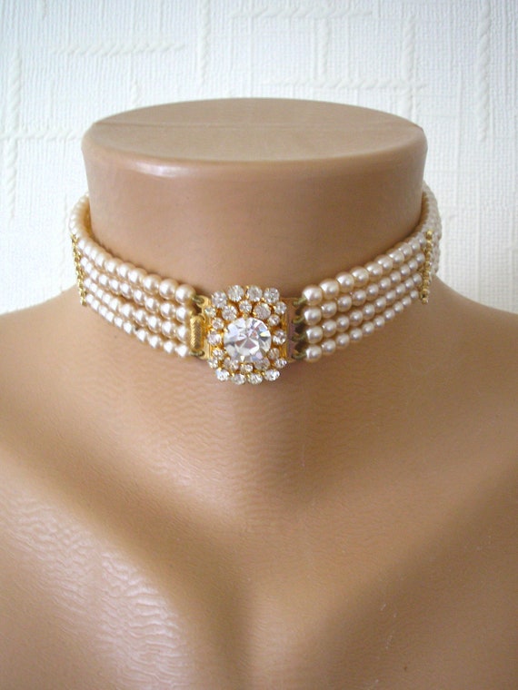 Vintage Pearl Choker With Faux Diamond Clasp, Pea… - image 1