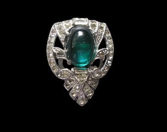 Art Deco Fur Clip, Emerald Glass Cabochon, Rhinestone Dress Clip, Antique Jewellery