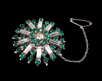 1940s Emerald Rhinestone Brooch, Atomic Style Costume Jewelry