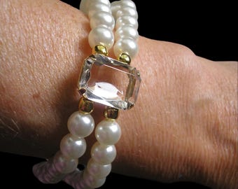 Vintage Adrien Mann Pearl Cuff Bracelet, Rhinestone Deco Jewelry