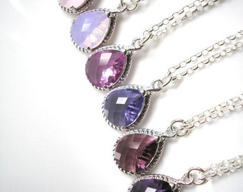 Purple Ombre Bridesmaids Set, Purple Teardrop Pendant, Bridesmaid Gift, Bridesmaid Jewelry, Sterling Silver, Purple Ombre