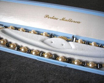 PERLAS MALLORCA Pearl And Hematite Necklace In Box, Vintage Haematite Jewellery