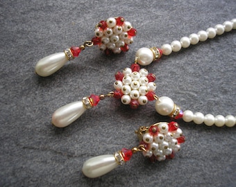 White Faux Pearl And Ruby Jewellery Set, Vintage Necklace And Earrings Set, 1950s CLIP ON Earrings, Vintage Costume Jewelry, Vintage Bridal