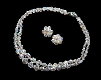 Aurora Borealis 2 Strand Crystal Necklace And Earrings Set, Vintage Aurora Borealis Demi Parure,  Double Strand Rainbow Beaded Necklace