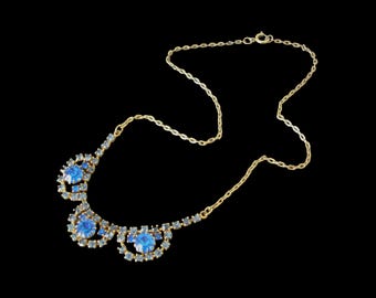 Vintage 1950s Blue Rhinestone Gold Necklace Christmas New Year Party