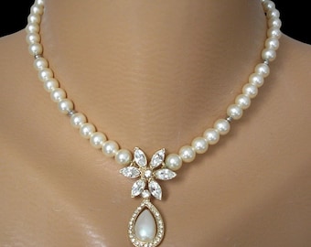 Vintage ROSITA Pearl Crystal Necklace, Floral Choker, Bridal Evening Wear