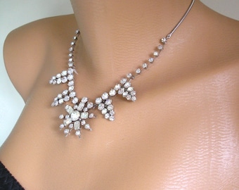 1950s Art Deco Rhinestone Choker Necklace, Bridal Swag Pendant, Crystal Prom Jewelry