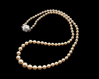 LOTUS Signed Hand-Knotted Faux Pearl Necklace, Silver Clasp, 1950s Cream Pearls