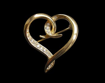 Attwood & Sawyer Vintage Gold Plated Crystal Heart Brooch