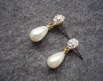 Pearl Drop Bridal Earrings, Crystal And Pearl Drop Earrings, Vintage Pearl Studs, Dainty Pearl Wedding Earrings, Vintage Bridal, Ear Studs