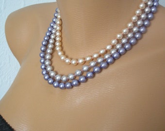 Vintage Purple And Pink Pearl Necklace, Purple Knotted Pearls. 3 Strand Pearls, Pastel Pearls, 1950s Pearls, Pearl Collar, Rockabilly