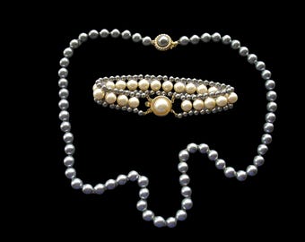Gray Pearl Jewelry Set, Grey Pearl Necklace And Bracelet, Vintage Faux Pearl Jewelry, Gray Pearls, Grey Pearl Bracelet, Pearl Demi Parure