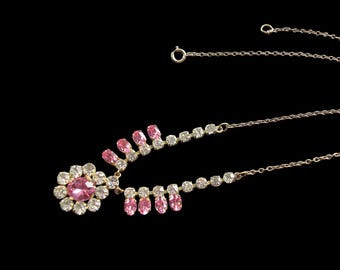 Vintage 1950s Pink Rhinestone Gold Necklace Christmas  New Year Party