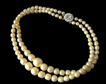 Vintage Faux Baroque Pearl Choker, Two Strand Crystal Clasp