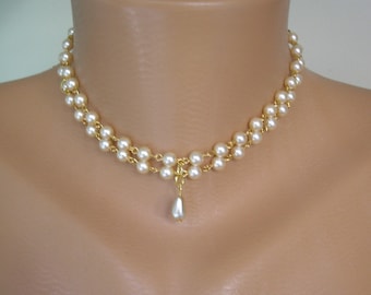 2 Strand Pearl Choker, Two Strand Pearls, Choice of Colours, Pearl Necklace, White Pearl Choker, Cream Pearls, Bridal Jewelry