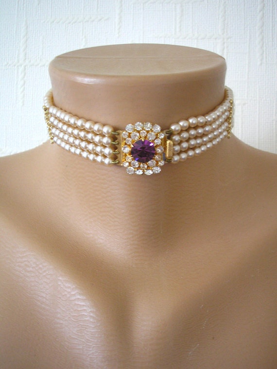 Vintage Pearl Choker With Amethyst Rhinestone Cla… - image 1