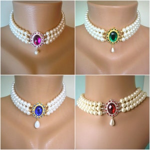 3 Strand PRECIOSA Pearl Choker, Indian Bridal Choker, Downton Abbey Jewellery, Pearl Bridal Necklace, Emerald, Opal, Sapphire, Ruby