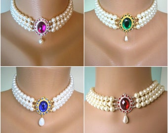 3 Strand PRECIOSA Pearl Choker, Indian Bridal Choker, Downton Abbey Jewellery, Pearl Bridal Necklace, Emerald, Opal, Sapphire, Ruby