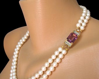 Vintage Double Strand Pearl Necklace, Amethyst Rhinestone Clasp, Gold Tone Costume Jewelry