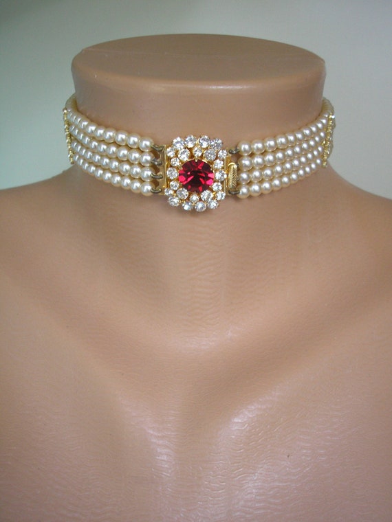 Vintage Pearl Choker With Ruby Crystal Clasp, Pea… - image 1