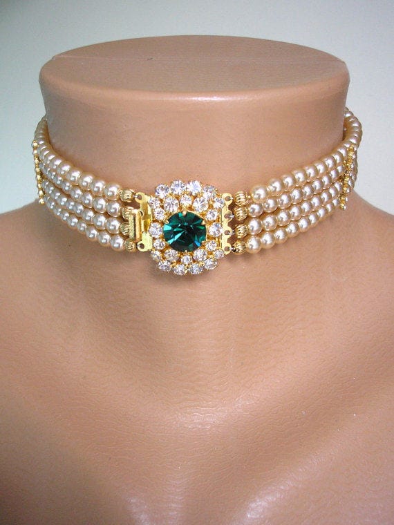 Vintage Pearl Choker, Emerald Pearl Choker, Pearl