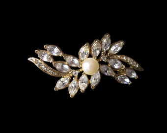 Vintage Rosita Faux Pearl Rhinestone Brooch, Gold Tone Costume Jewelry