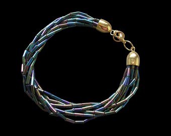 Vintage Iridescent Bugle Bead Multistrand Bracelet, Petrol Rainbow Glass Jewelry