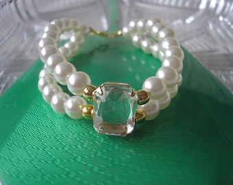 ADRIEN MANN Pearl Bracelet, Vintage White Pearl Cuff, 2 Strand Pearl Bracelet, Vintage 1980s Jewelry, Vintage Costume Jewellery, Deco Style