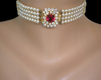 Princess Diana Choker, Vintage Pearl Choker With Ruby Crystal Clasp, Pearl Bridal Choker, Indian Bridal Choker, Bridal Jewelry