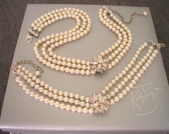 KATZI Vintage Pearl Choker Bracelet Set, Rhinestone Flower Clasp Demi Parure