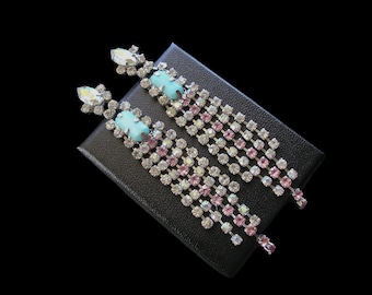 Vintage Dangly Rhinestone Earrings Silver Sparkly Post, Christmas Party Earrings