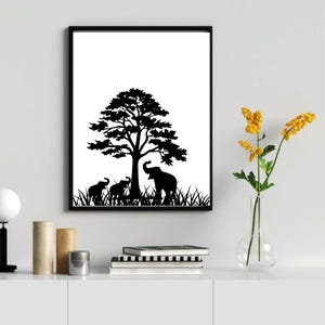 Elephant Art, Art Canvas, Elephant Black and White Print, Digital Prints Elephant, Red Tree Canvas, Landscape Abstract Canvas Print