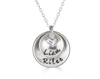 Personalized Necklace - Hand Stamped Jewelry - Domed Hand Stamped Personalized Sterling Silver Necklace for Mom - Two Pendants