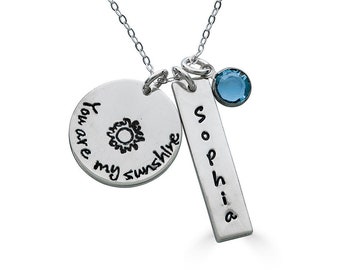 Personalized Necklace- You Are My Sunshine Personalized Necklace with Birthstone Crystal