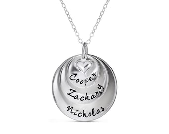 Mother's Day Gift! Mothers Hand Stamped Jewelry -  Personalized Sterling Silver Necklace - Three Domed Pendants