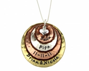 Mixed Metals with Puffed Heart - Four Layer Personalized Handstamped Jewelry