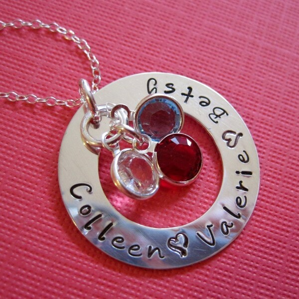 LOVES of My Life... A Circle of Names I love... with Birthstone Crystals- Hand Stamped Jewelry ByHannahDesign