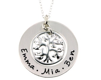 Personalized Family Names Hand Stamped Tree of Life Necklace - Hand Stamped Jewelry ByHannahDesign